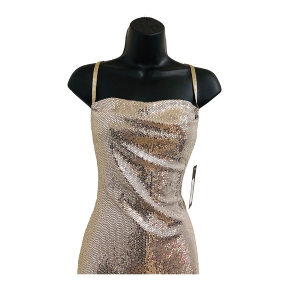 Bebe silver sequin cowl neck adjustable strap‎ slip style gown dress size large - Picture 7 of 15